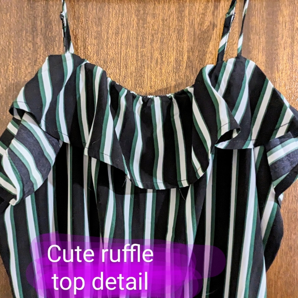 Bluenotes Romper, size med, EUC, black, green, white & green stripe pattern - Picture 5 of 13